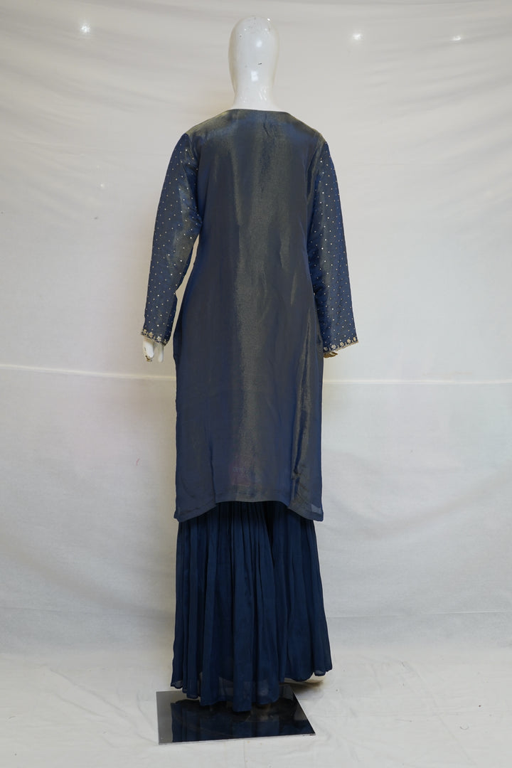 Navy Blue Heavy Embroidered Designer Kurta Sharara Set with Dupatta