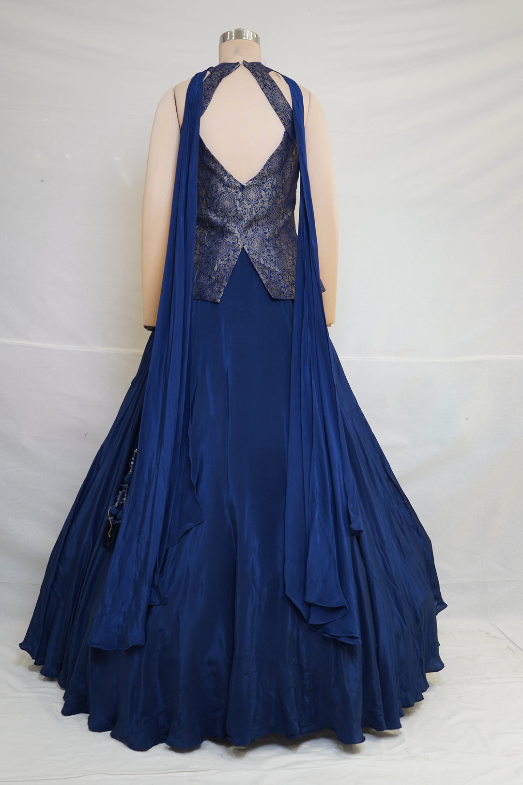 Royal Blue Designer Gown with Embroidered Halter Neck Bodice