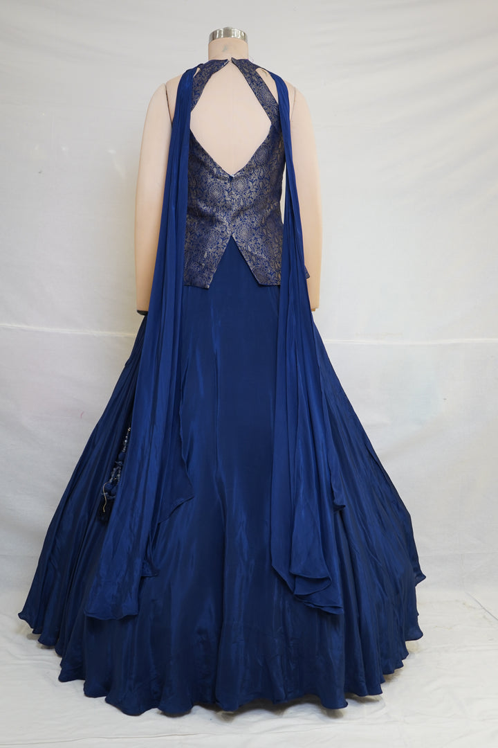 Royal Blue Designer Gown with Embroidered Halter Neck Bodice