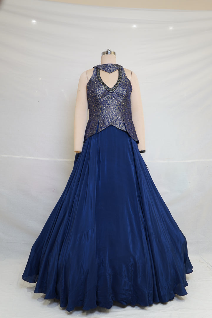 Royal Blue Designer Gown with Embroidered Halter Neck Bodice
