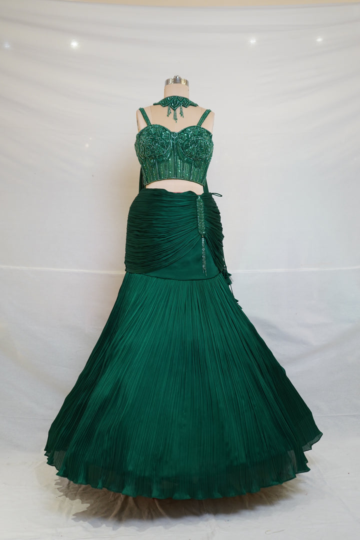 Emerald Green Designer Mermaid Lehenga Set with Embellished Crop Top