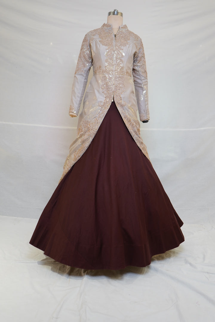 Beige & Brown Designer Indo-Western Party Wear Gown Set