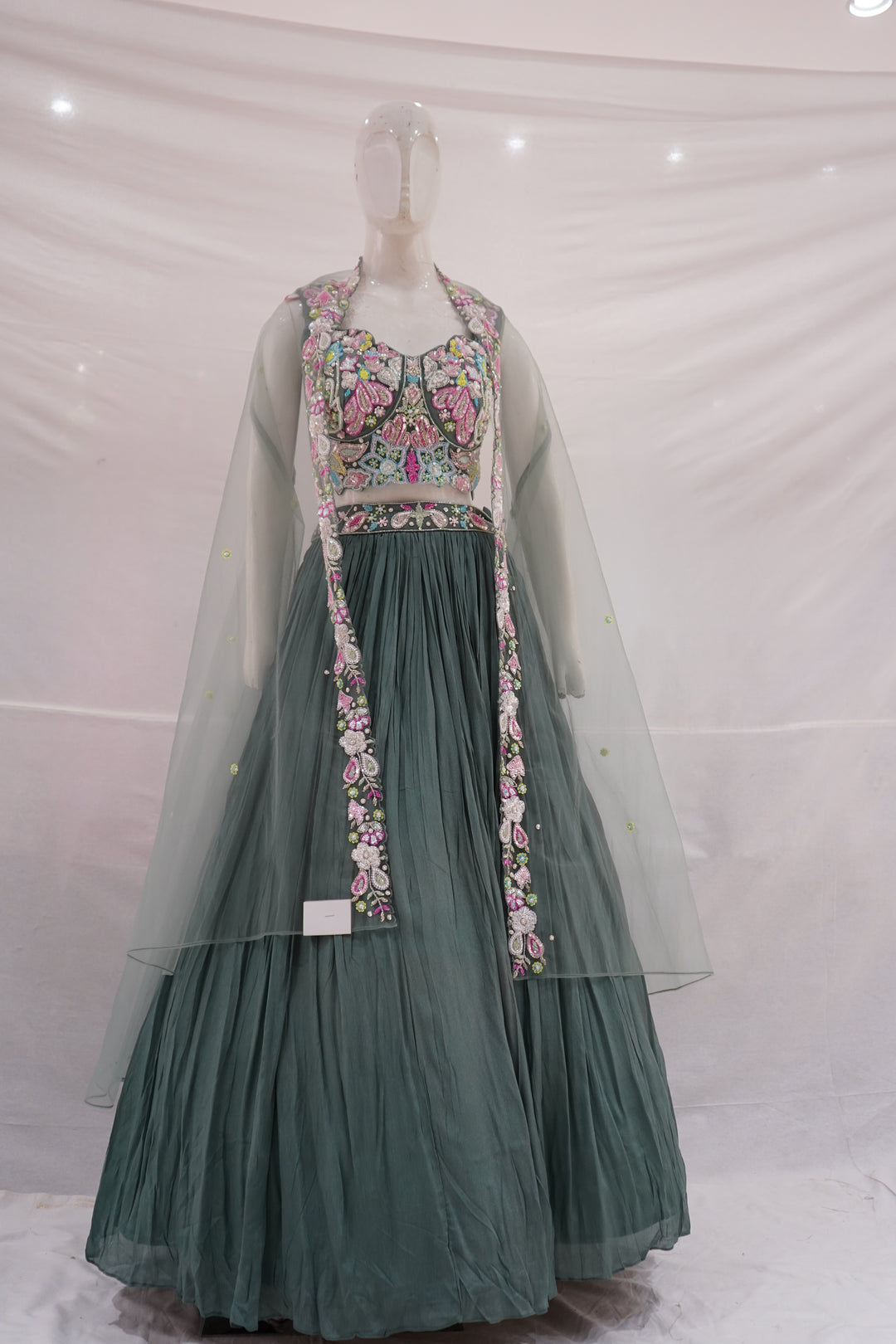 Sage Green Floral Embroidered Lehenga Set with Cape Dupatta