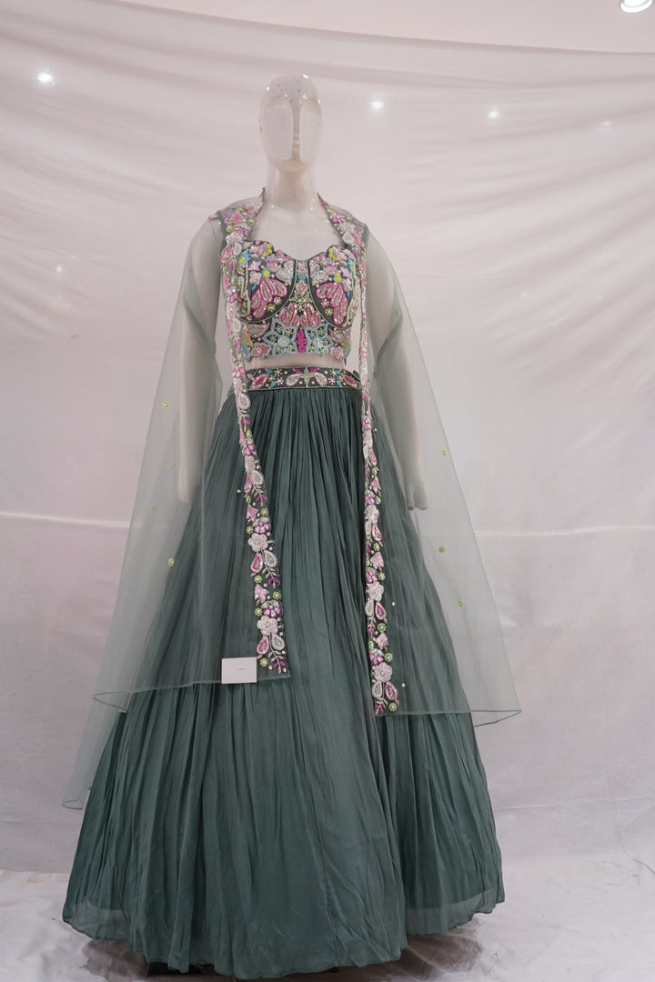 Sage Green Floral Embroidered Lehenga Set with Cape Dupatta