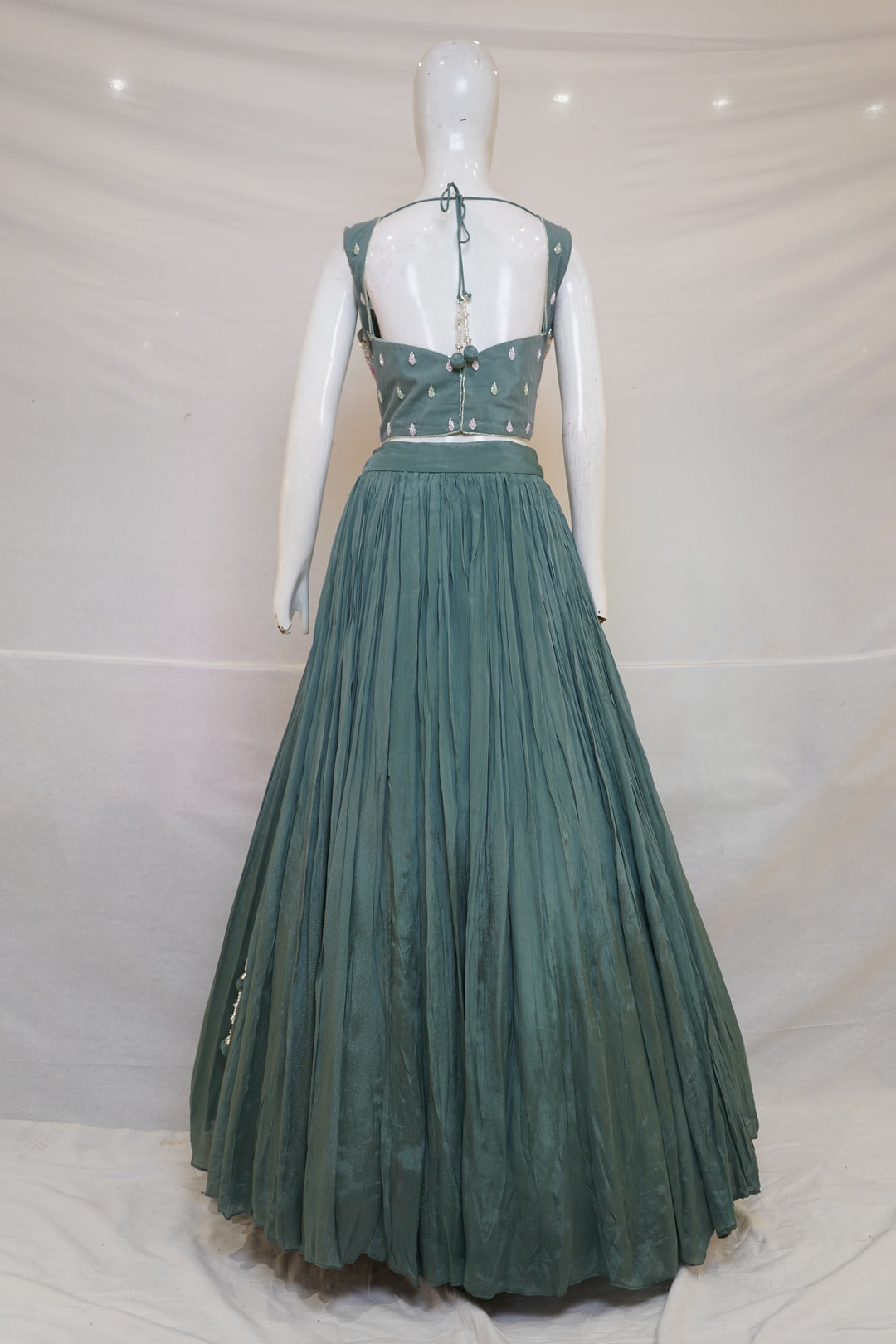 Sage Green Floral Embroidered Lehenga Set with Cape Dupatta