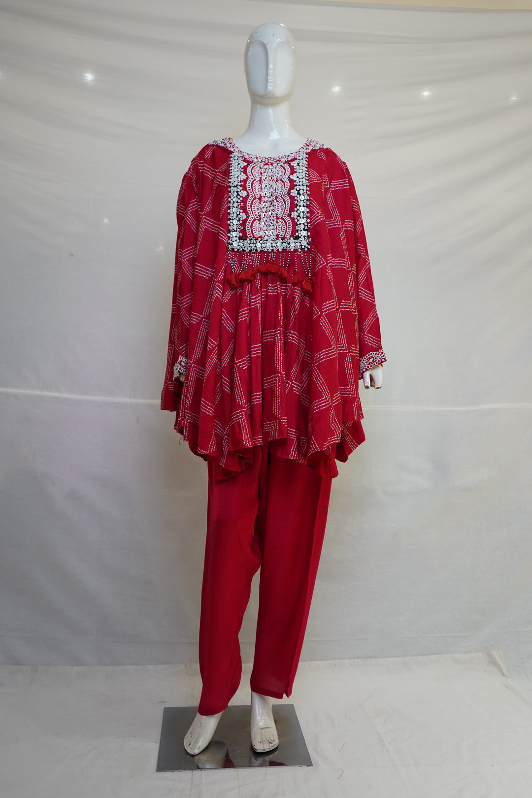 Red Embroidered Co-Ord Set with Asymmetrical Tunic