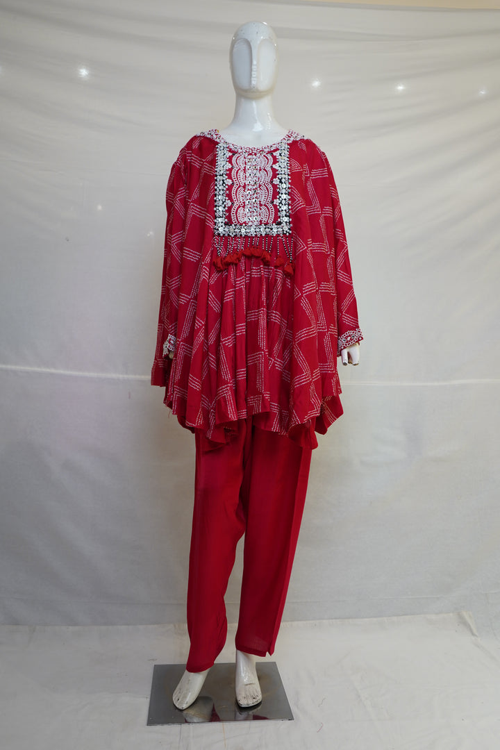 Red Embroidered Co-Ord Set with Asymmetrical Tunic
