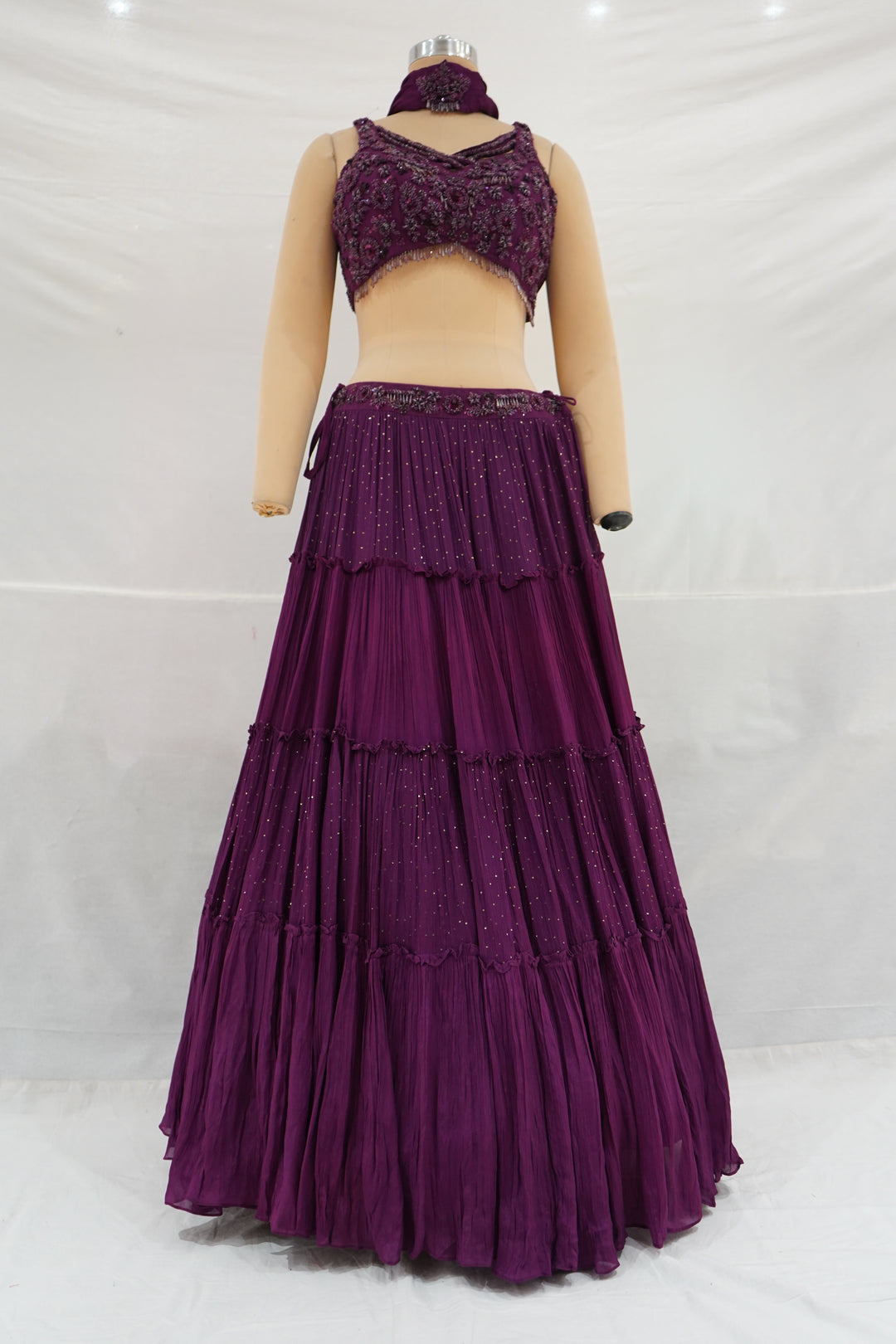 Wine Embellished Tiered Lehenga Set with Choker Neck Detail