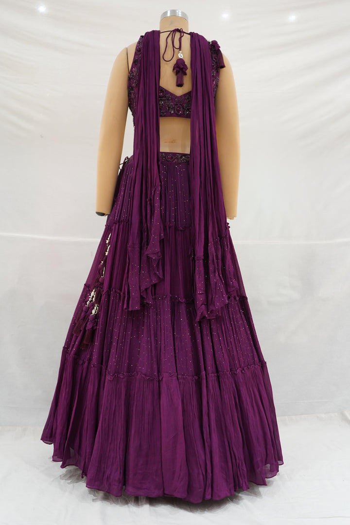 Wine Embellished Tiered Lehenga Set with Choker Neck Detail