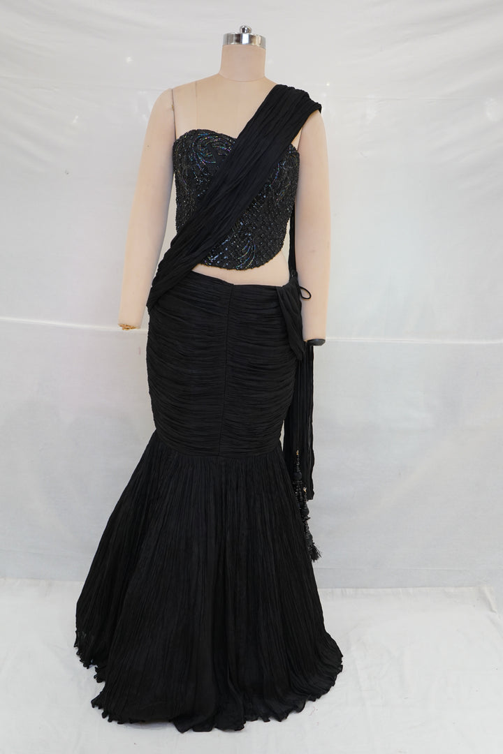Black Draped Mermaid Lehenga Set with Embellished Corset Blouse