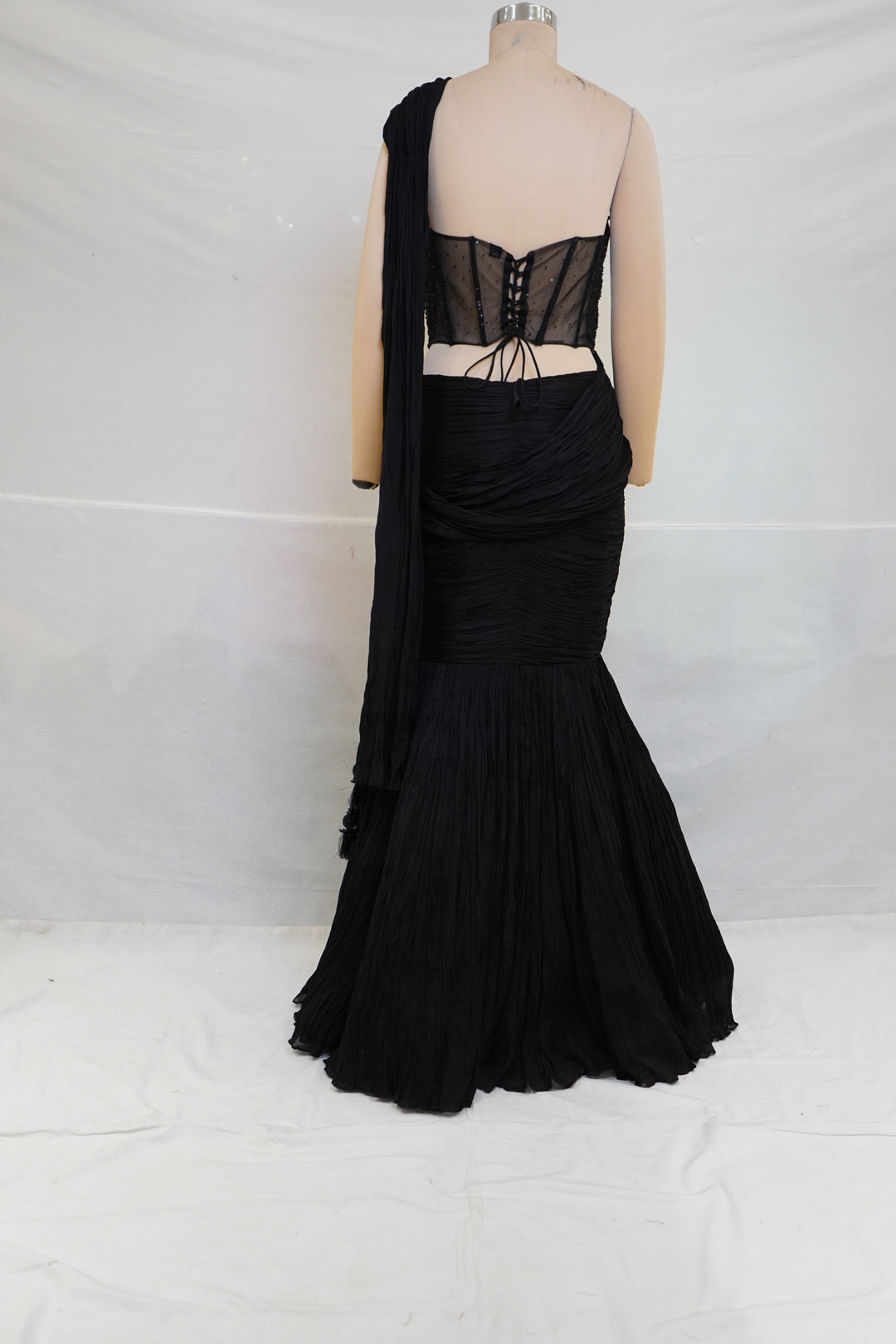 Black Draped Mermaid Lehenga Set with Embellished Corset Blouse