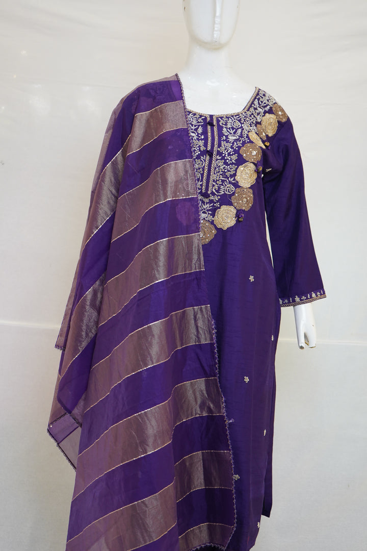 Royal Purple Embroidered Kurta Set with Organza Dupatta