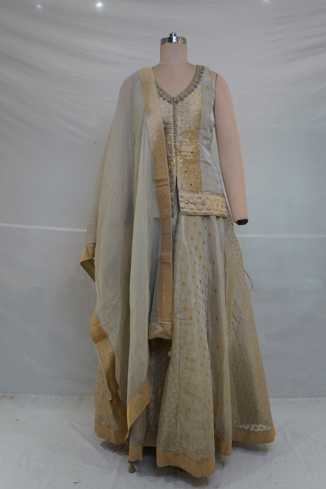 Silver Grey Jacquard Lehenga Set with Embroidered Jacket & Dupatta