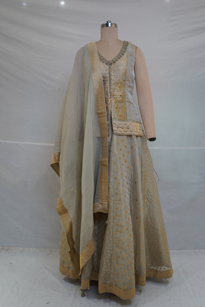 Silver Grey Jacquard Lehenga Set with Embroidered Jacket & Dupatta