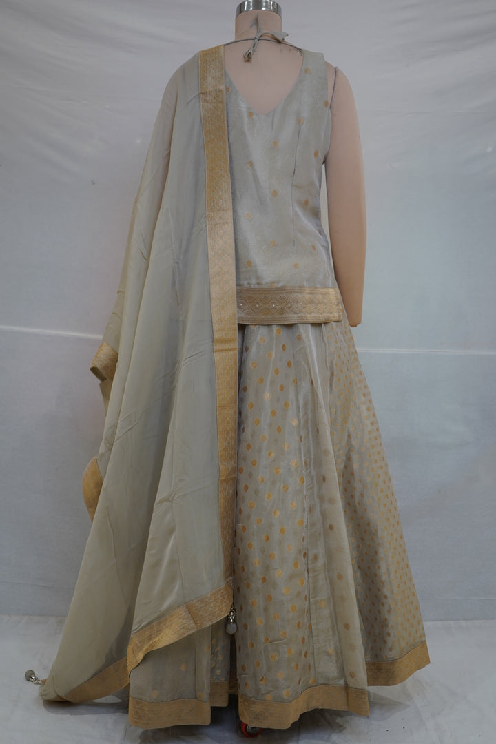 Silver Grey Jacquard Lehenga Set with Embroidered Jacket & Dupatta