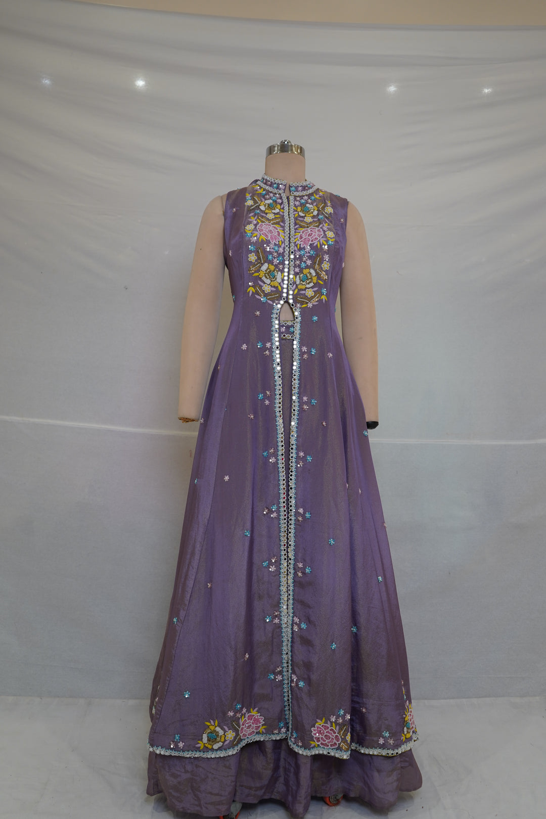 Lavender Embroidered Skirt Set with Jacket Style Anarkali