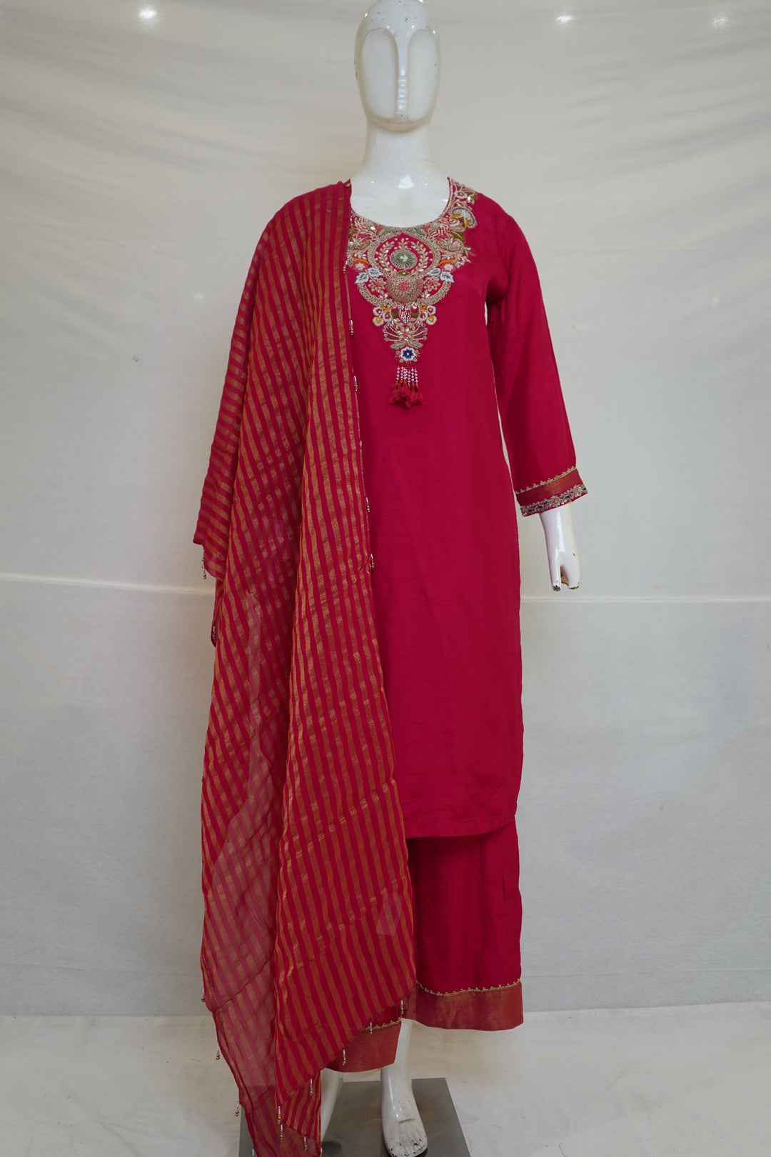 Rani Pink Handwork Kurta Palazzo Set with Dupatta