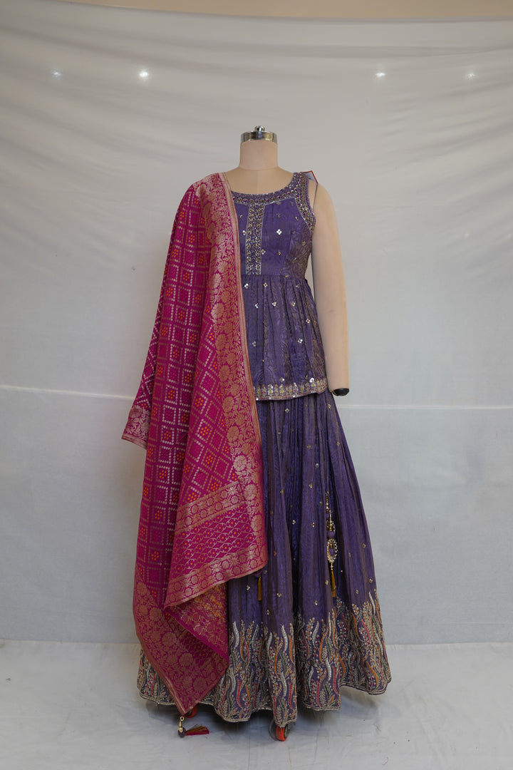 Purple Handwork Lehenga Skirt Set with Banarasi Dupatta