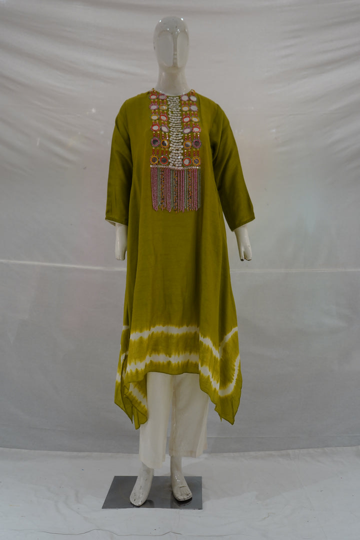Olive Green Tie-Dye Handwork Kurti with Palazzo Set