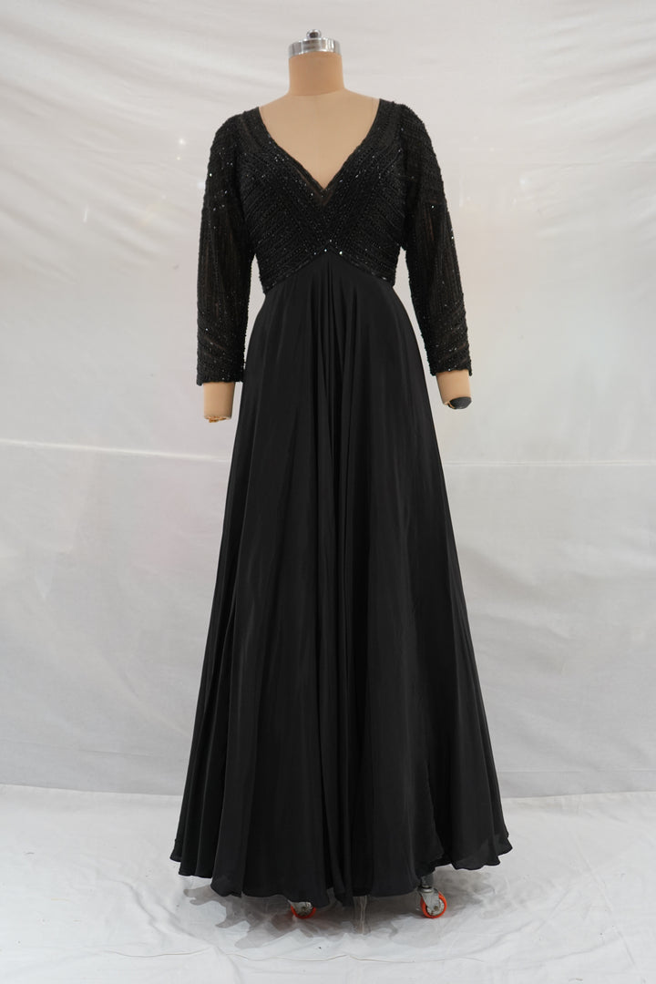 Midnight Black Hand Embellished Evening Gown