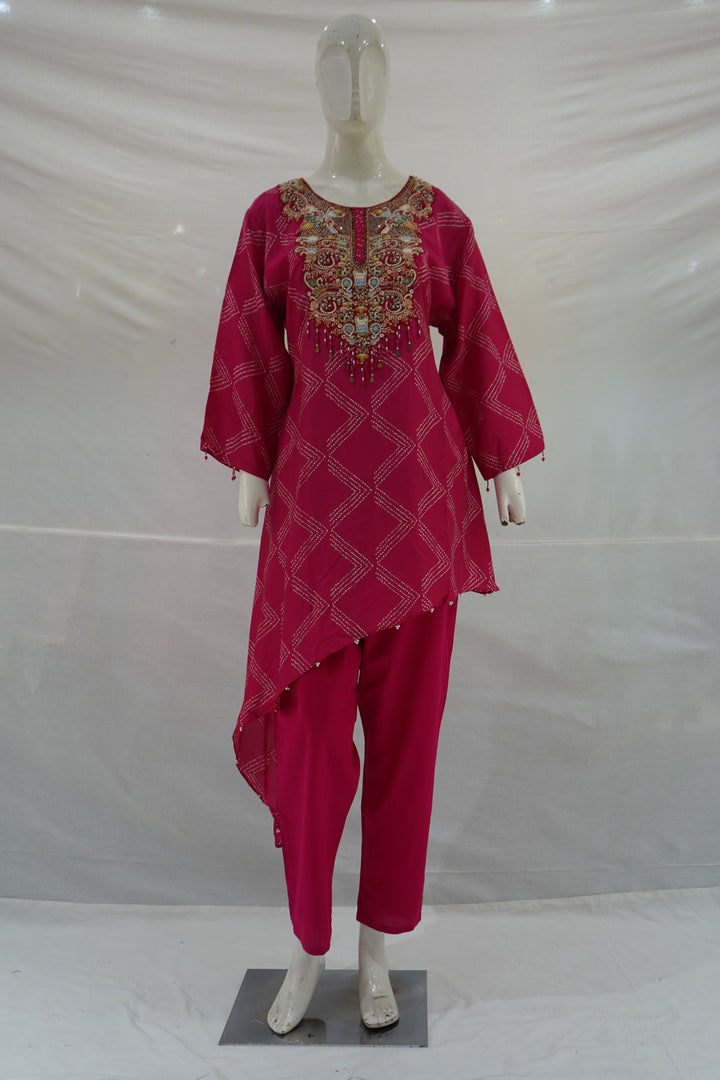 Rani Pink Embroidered Asymmetric Co-ord Set