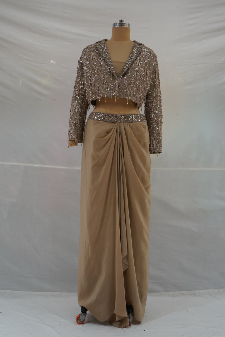 Champagne Beige Embroidered Lehenga Set with Jacket
