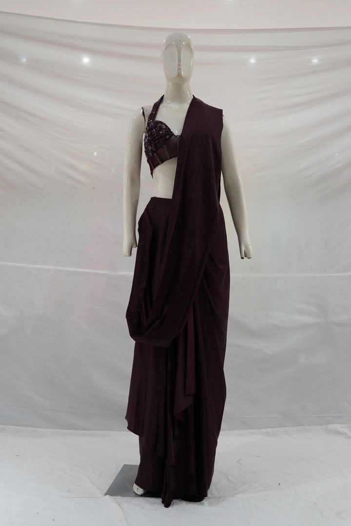Wine Purple Ready-to-Wear Draped Saree with Embellished Halter Blouse