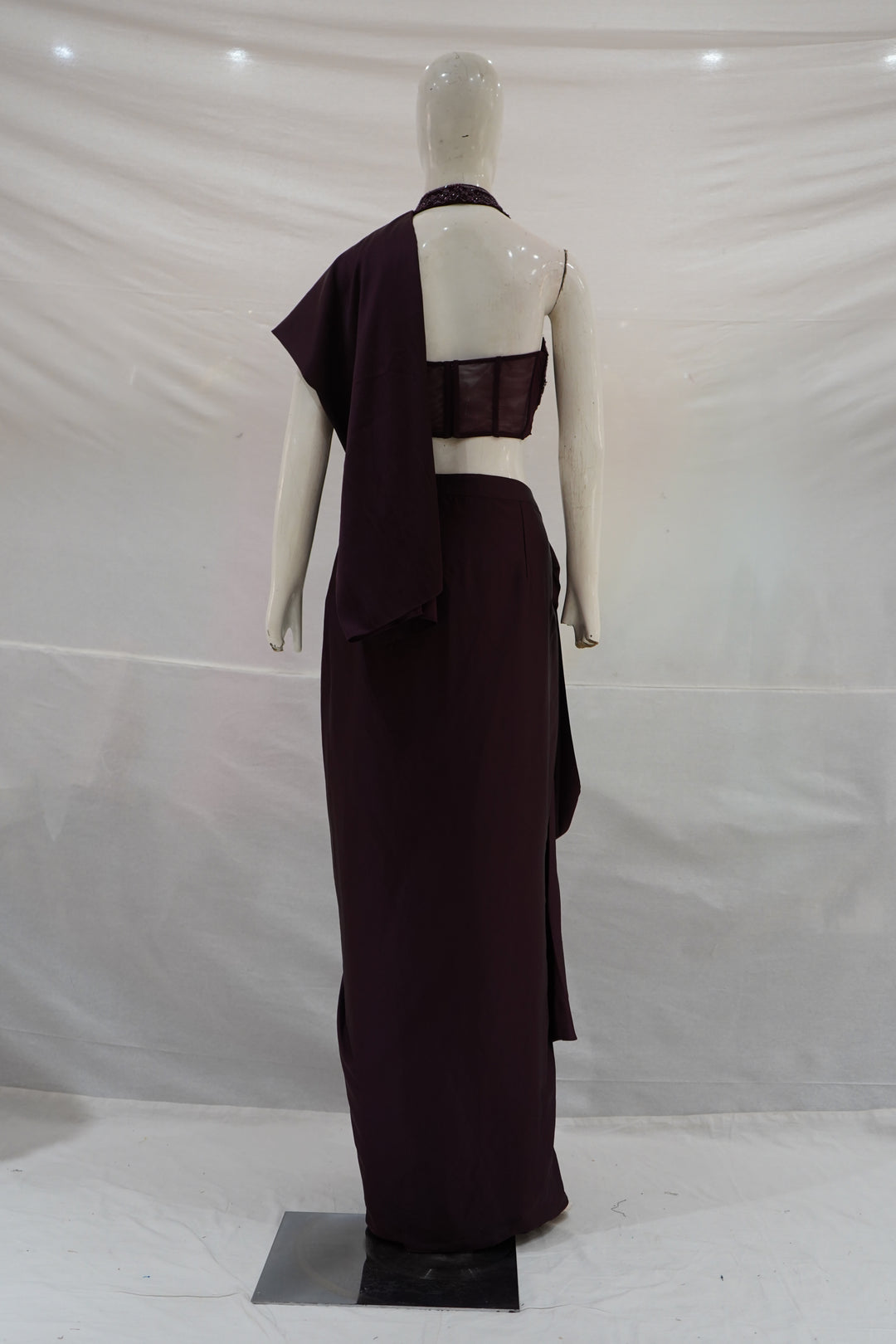 Wine Purple Ready-to-Wear Draped Saree with Embellished Halter Blouse