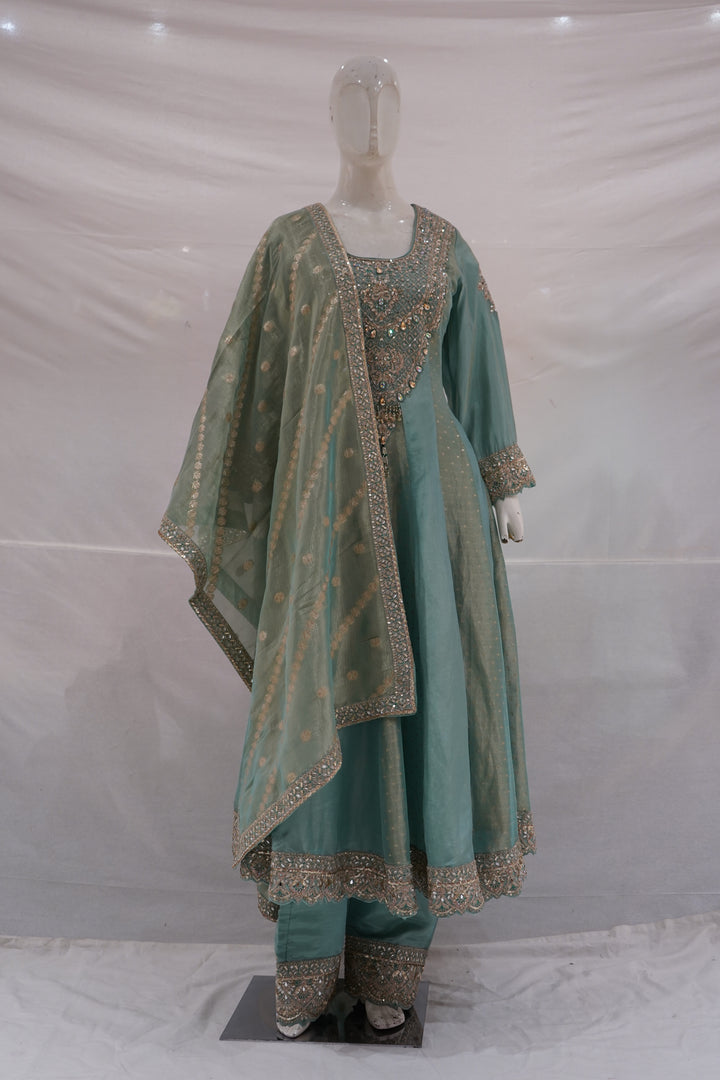 Sea Green Embroidered Anarkali Suit Set with Dupatta