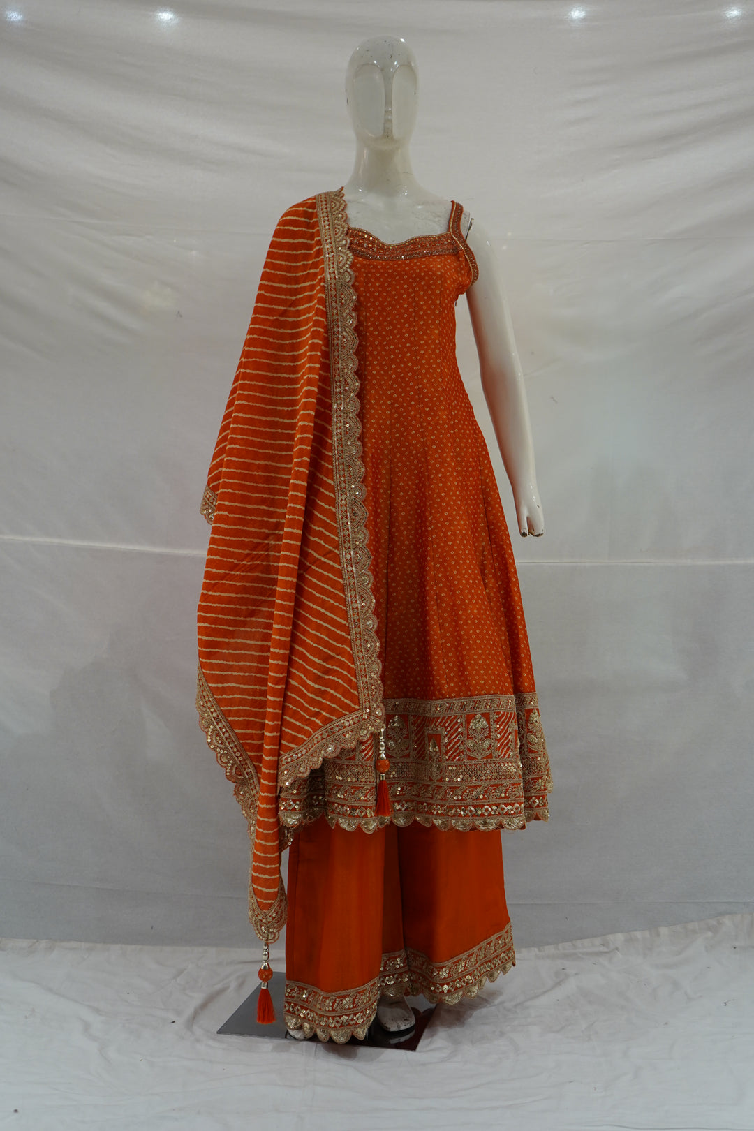 Orange Gotta Patti Work Kurta Palazzo Set with Leheriya Dupatta