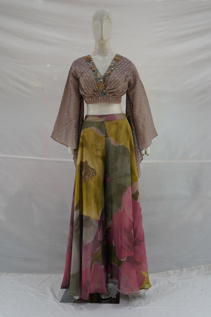 Floral Printed Palazzo Set with Embellished Crop Top