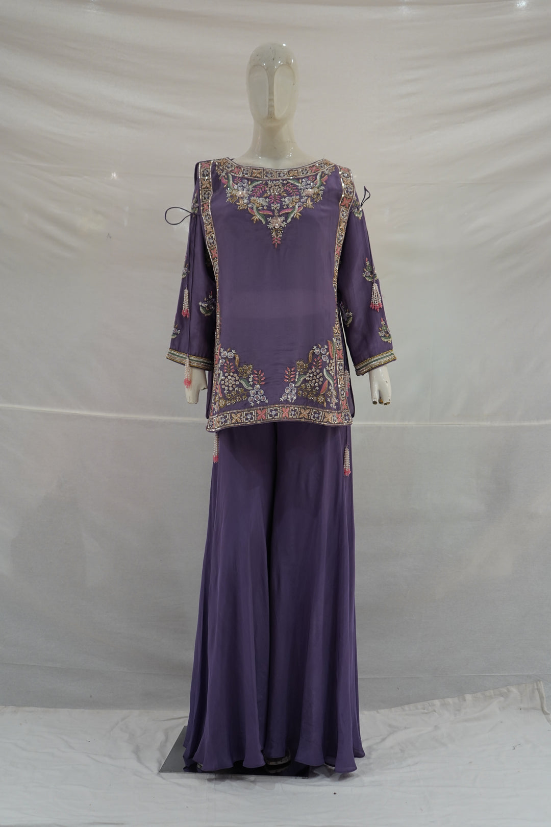 Embroidered Purple Palazzo Suit Set with Floral Handwork