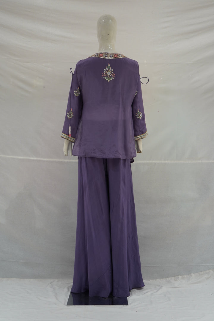 Embroidered Purple Palazzo Suit Set with Floral Handwork