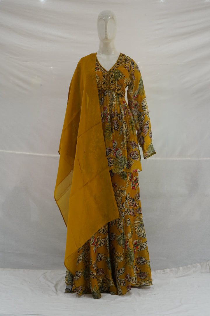 Mustard Floral Printed Palazzo with Peplum Set