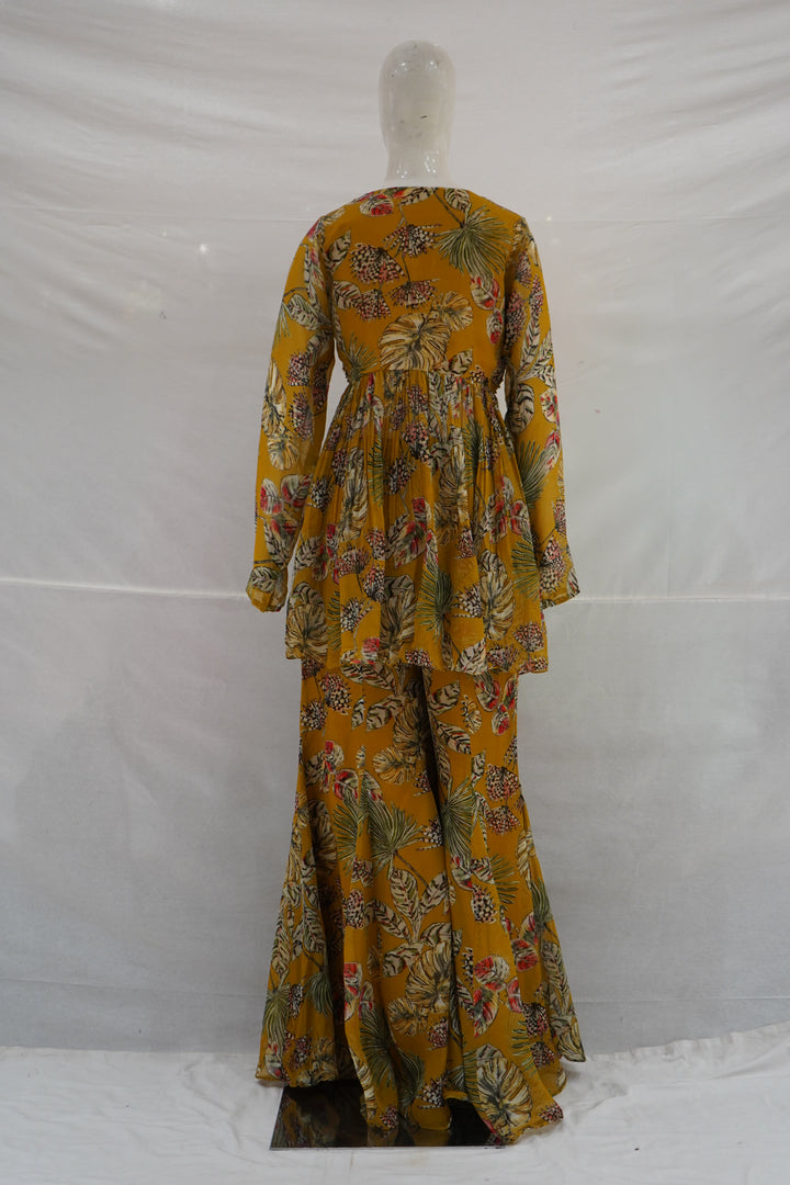 Mustard Floral Printed Palazzo with Peplum Set