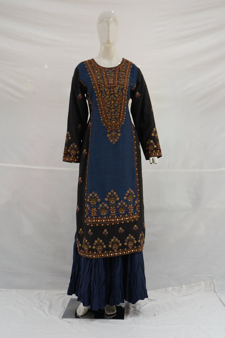 Navy Blue Embroidered Kurti with Sharara Set