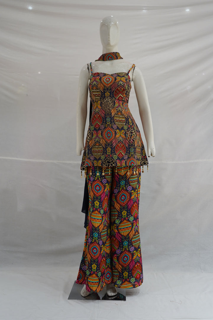 Multicolor Printed Indo-Western Pant Set with Dupatta