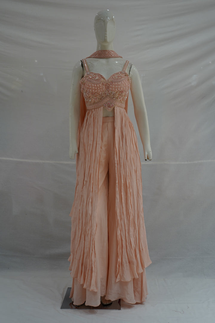 Peach Embellished Palazzo Set with Layered Cape