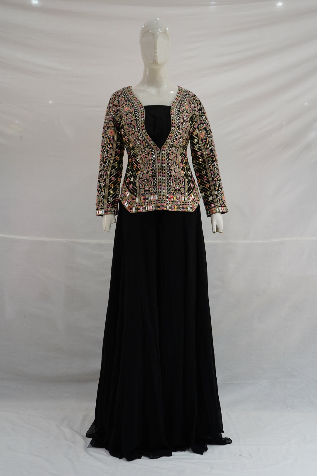 Black Handwork Embroidered Jacket Style Gown Set