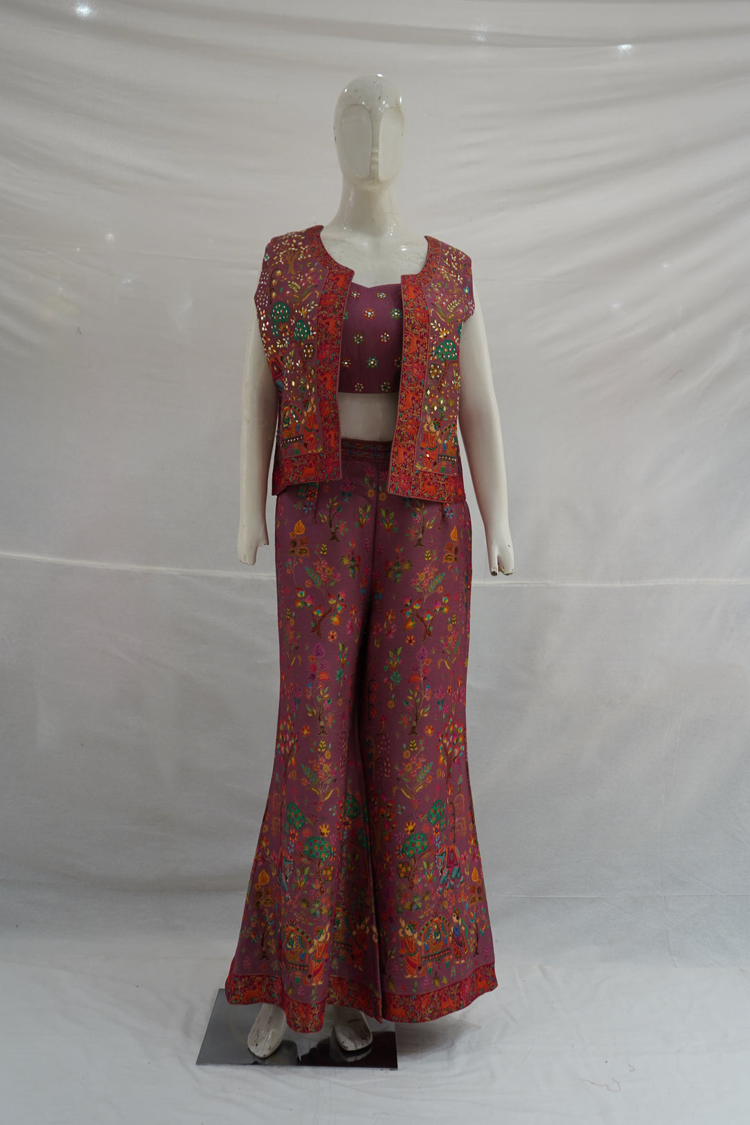 Mauve Stone Work Palazzo Set with Crop Top & Jacket