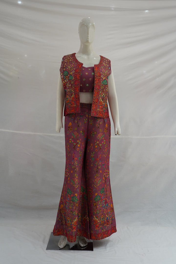 Mauve Stone Work Palazzo Set with Crop Top & Jacket