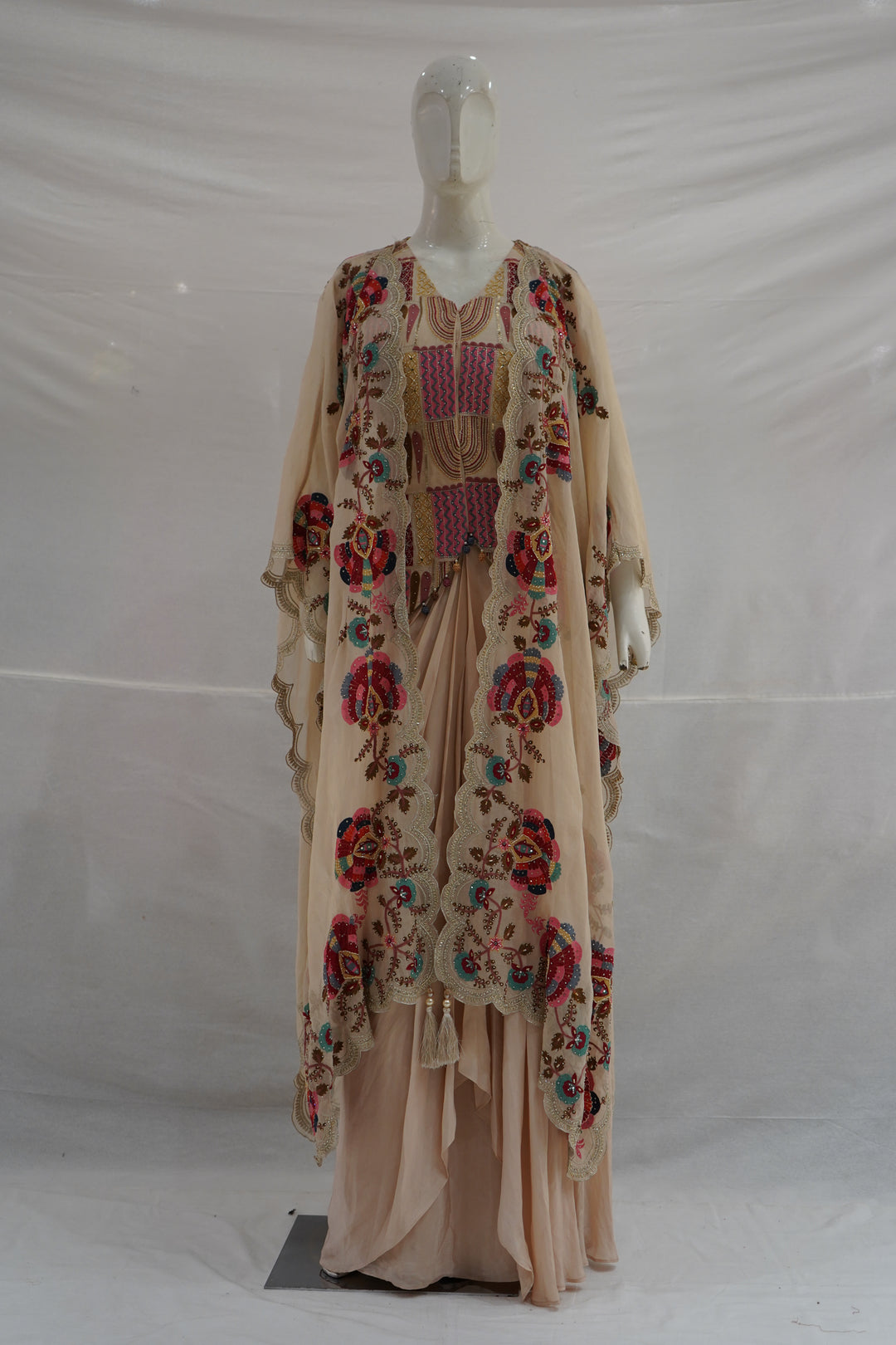 Peach Embroidered Palazzo Set with Handwork Cape Dupatta