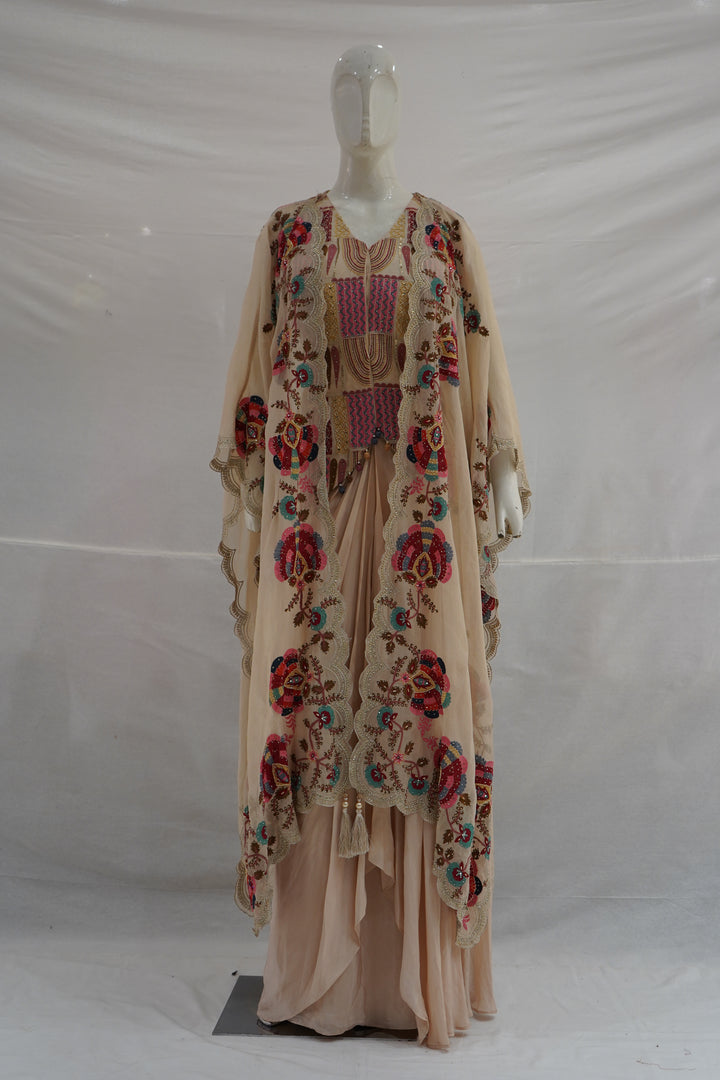 Peach Embroidered Palazzo Set with Handwork Cape Dupatta