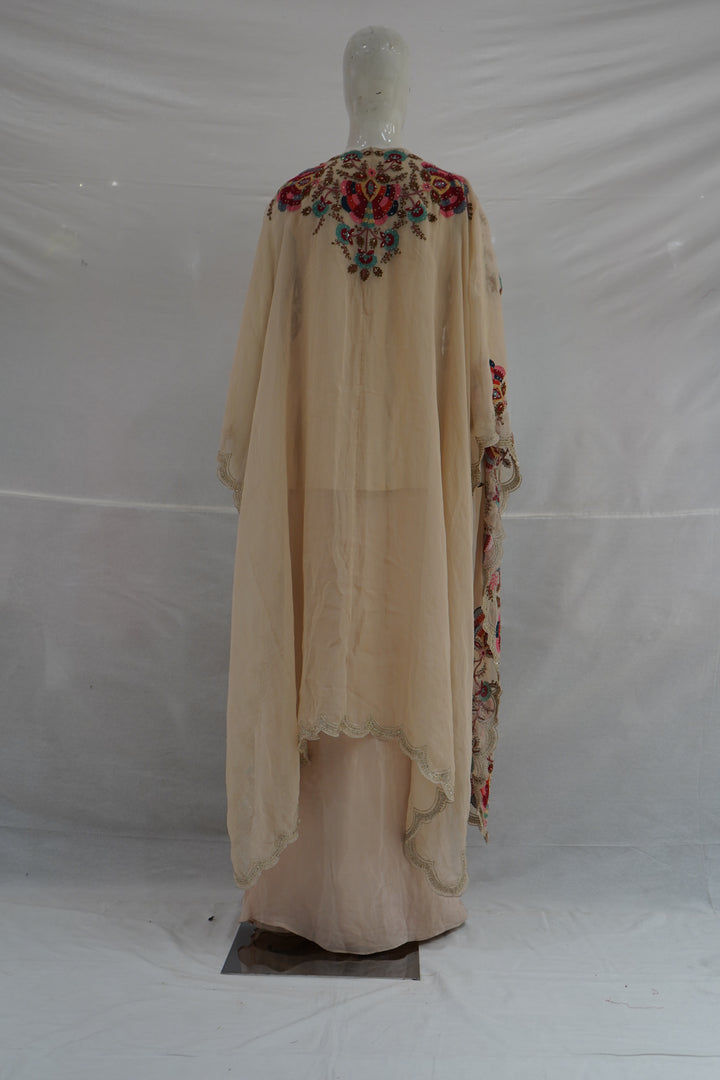 Peach Embroidered Palazzo Set with Handwork Cape Dupatta