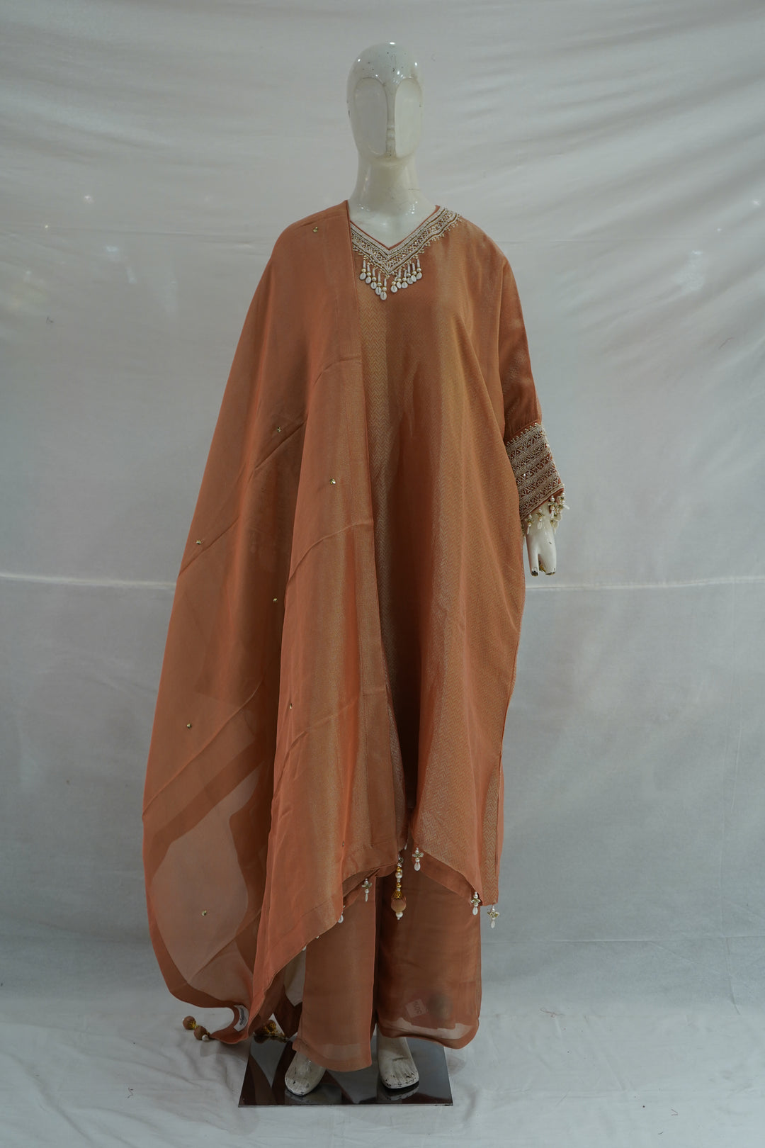 Rust Orange Kaftan Style Kurta Palazzo Set with Dupatta
