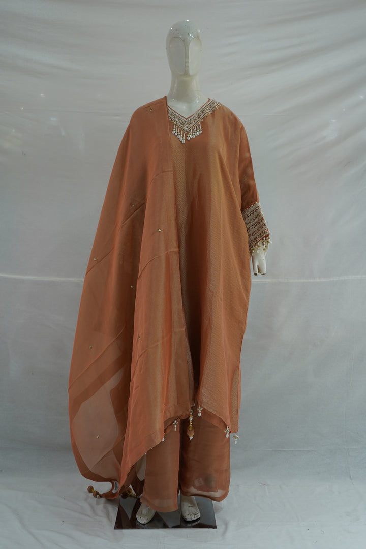 Rust Orange Kaftan Style Kurta Palazzo Set with Dupatta