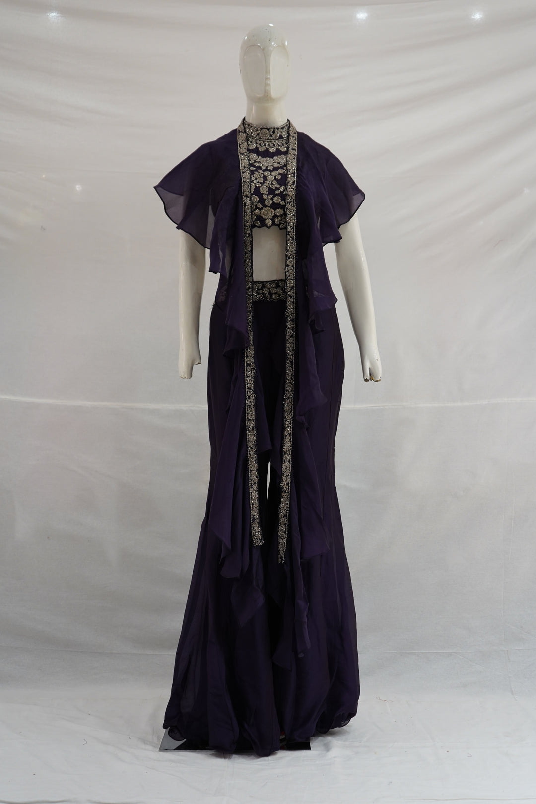 Purple Handwork Palazzo Set with Ruffle Cape Jacket