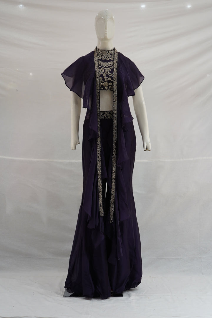 Purple Handwork Palazzo Set with Ruffle Cape Jacket