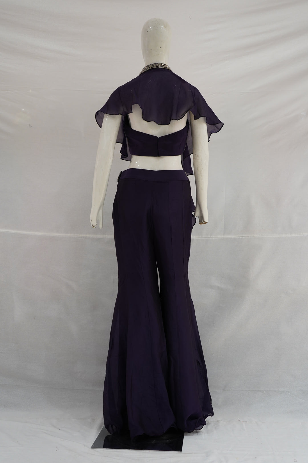Purple Handwork Palazzo Set with Ruffle Cape Jacket