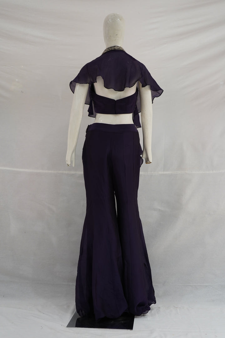 Purple Handwork Palazzo Set with Ruffle Cape Jacket